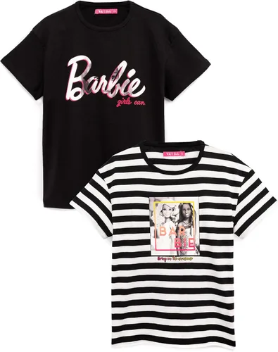 Vista 4 de Barbie Camiseta 2 Pack Niñas Niños Muñeca Logo Rayas Negro Y Blanco Top 3-4 Años, Negro