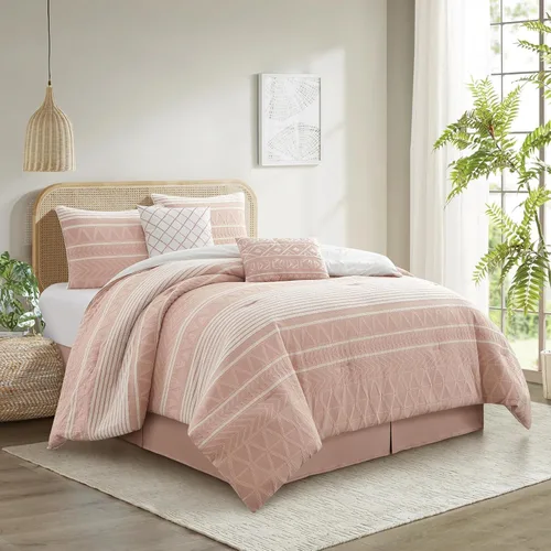Vista 9 de Conjunto de edredón de algodón Grand Avenue tamaño Queen, 6 piezas, juego de ropa de cama geométrica jaspeada beige, faldón para cama, almohadas
