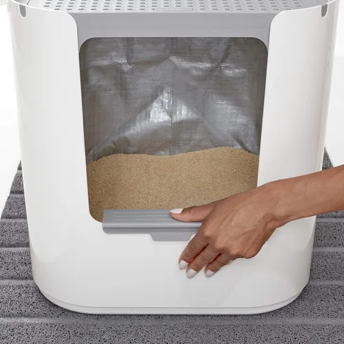 Vista 7 de Modkat® Caja de arena XL, configuración de entrada superior o frontal, base sin costuras de altura completa, forros de arena reutilizables, cuchara