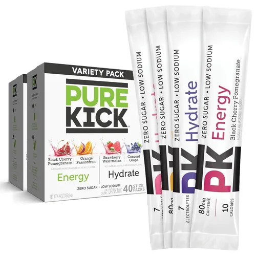 Pure Kick Hydrate and Energy - Paquete variado de 40 barras por caja, paquete de 2 cajas, mezcla de bebida en polvo, 2 sabores de energía y 2