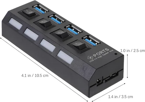 Vista 2 de VILLCASE USB 3.0 4-Port Hub with Independent Power Switches, High-Speed Data Transfer Concentrator for Laptops and Pcs, Black US Plug, USB Hub for