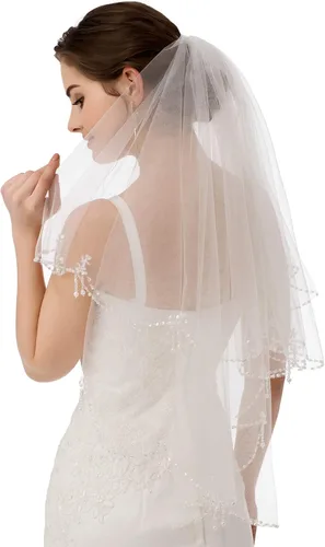 Vista 2 de Emondora 2T corto con lentejuelas y borde de perlas con cuentas brillantes velo de novia