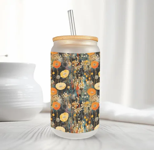 Vista 7 de Fall Nature Pattern Frosted Glass Can with Bamboo Lid & Straw 16 Oz Autumn Floral Glass Cup, Sublimated Gift Mugzan