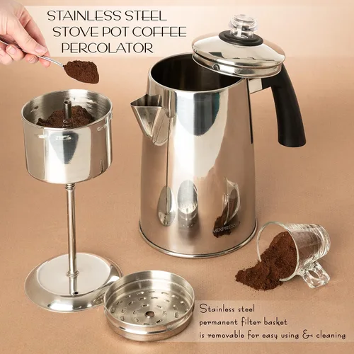 Vista 3 de Mixpresso Percolador de café de acero inoxidable, cafetera percoladora clásica de 52 onzas, ideal para olla de campamento, cafetera de 12 tazas
