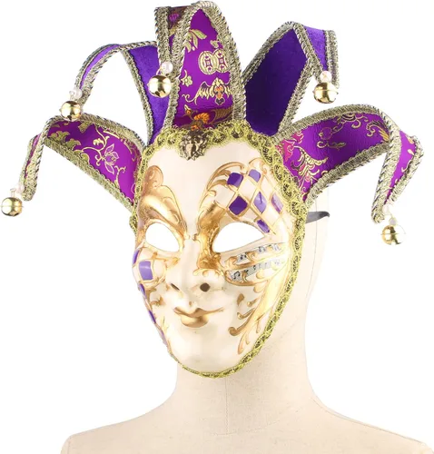 Vista 5 de Máscara de bufón veneciano para mascarada, máscara de música Mardi Gras para pared, colección de arte decorativo Dorado