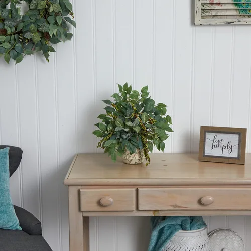 Vista 2 de Nearly Natural Ficus, Fittonia y bayas artificiales mixtas en jarrón floral