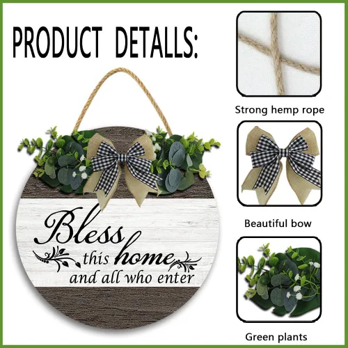 Vista 3 de Letrero con texto en inglés "Bless This Home and All Who Enter de 11 x 11", divertidas coronas colgantes de madera, decoración de cocina para pared
