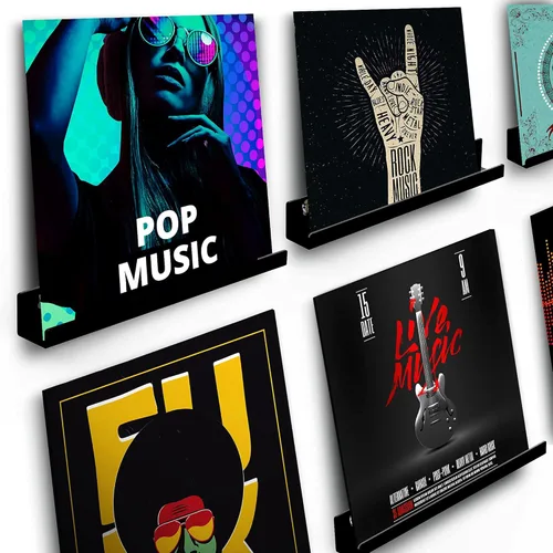 Vista 2 de PRO SPIN Soporte para discos de vinilo, paquete de 6 unidades, color negro, estante para discos de vinilo, soporte de pared para discos de vinilo