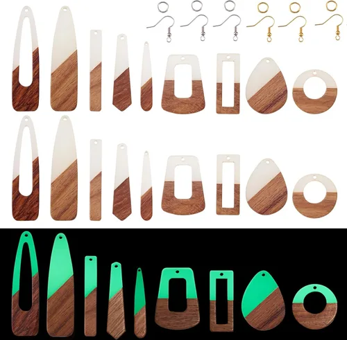 Vista 14 de Beadthoven - Dijes de madera de resina para bricolaje, colgantes de aretes de lágrima multicolor, triángulo, círculo redondo, rombo, barra
