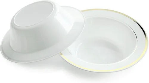 Vista 10 de Platos de plástico desechables Occasions para fiestas de boda (120 unidades), Blanco / Borde dorado Borde blanco y dorado