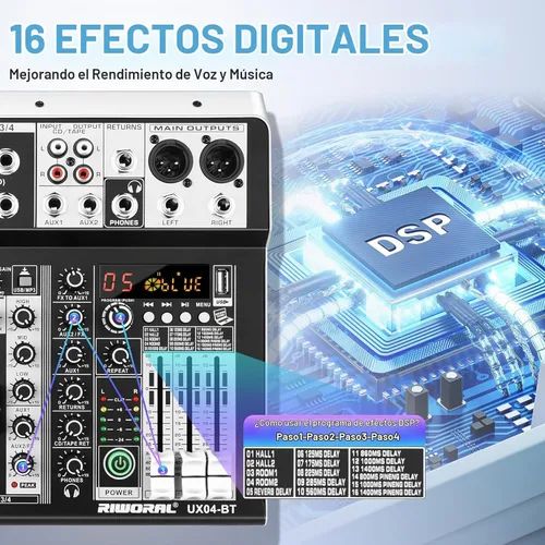 Vista 6 de Interfaz de audio de 4 canales, mezclador de DJ, tablero de sonido, efecto DSP de 16 bits, efectos de mezclador de audio USB, +48 V Phantom
