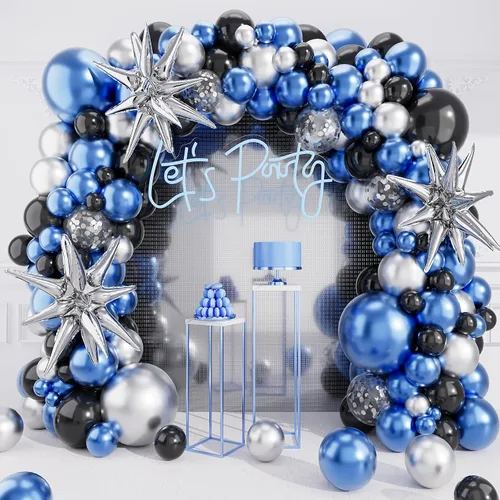 Kit de guirnalda de arco de globos azules, plateados y negros, globo azul metálico, globo plateado con explosión de estrella, 127 piezas para