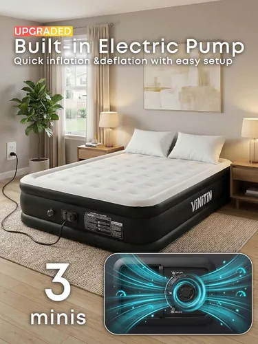 Vista 2 de Colchón de aire Queen con bomba integrada, colchón inflable elevado de 18 pulgadas con autoinflado/desinflado, colchón inflable con superficie