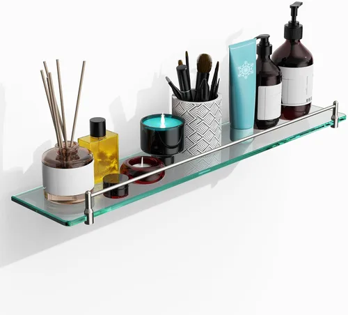 Vista 11 de Estantes de baño de vidrio, estantes flotantes dorados cepillados para pared, rectangular, moderno, estante de vidrio de acero inoxidable