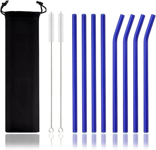 Vista 12 de JASHII Pajitas de vidrio reutilizables, pajitas transparentes de 7.87 x 0.3 pulgadas con cepillo limpio, estuche de viaje negro para bebidas Azul