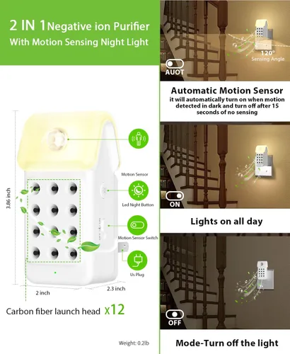 Vista 2 de ySky Purificador de aire enchufable para el hogar (paquete de 3), purificadores de aire de iones negativos con sensor de movimiento, mini