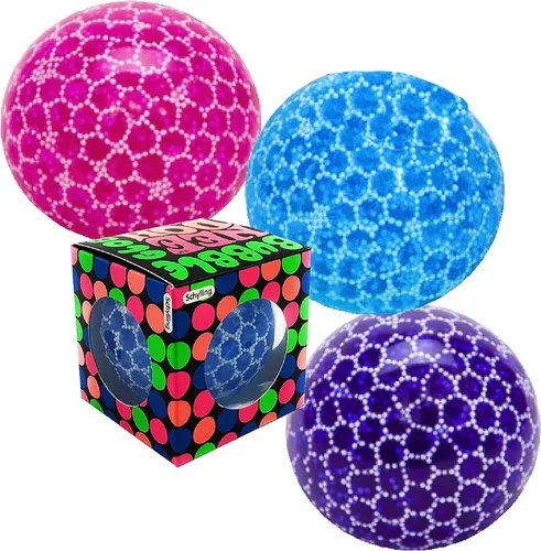Schylling Bubble Glob Groovy Glob! Juego completo de regalo para fiestas, esponjosas, estrujables, elásticas, color azul, rosa y morado, paquete de