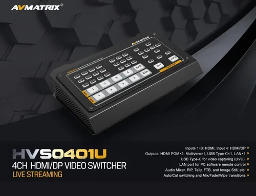 Vista 3 de AVMATRIX HVS0401U 4 Chanel HDMI/DP PC Control remoto Conmutador de vídeo SDI USB Tipo-C PGM Multiview para grabación de transmisión en vivo