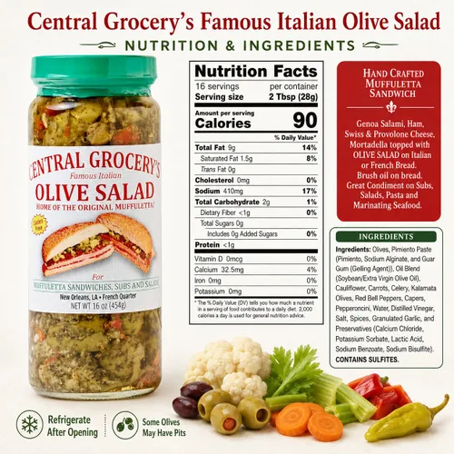 Vista 3 de Central Grocery - Ensalada de aceitunas – Combo de 16 onzas – Ensalada de aceitunas caliente y original – Perfecto para muffulettas, sándwiches