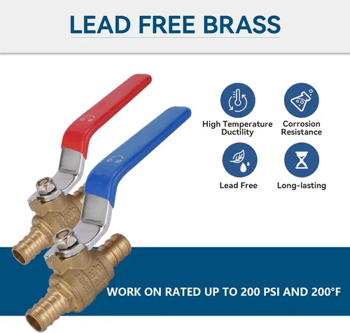 Vista 3 de Paquete de 2 válvulas de cierre PEX de 1/2 pulgada, válvulas de bola de puerto completo de giro de 1/4 pulgada, válvula de cierre de agua fría