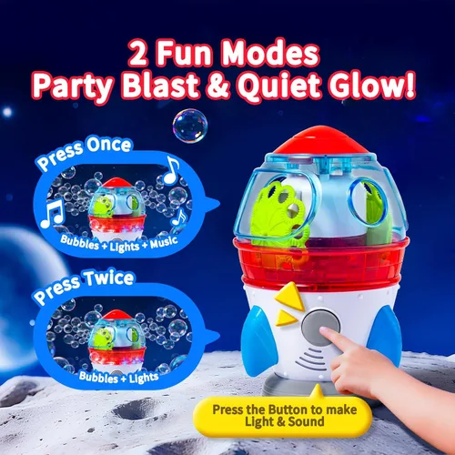 Vista 3 de Máquina de burbujas en forma de cohete para niños y mascotas, salidas de burbujas duales potentes, rotación automática de 360°, luces LED ajustables