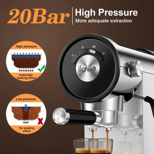 Vista 5 de ILAVIE Máquina de café expreso, máquina de café expreso con espumador de leche, mini cafetera de espresso automática de 20 bares, color plateado