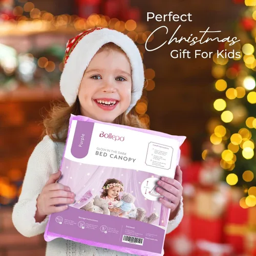 Vista 9 de Bollepo Toldo de cama morado y arcoíris para niñas con estrellas brillantes - Decoración de habitación de red de cuna de princesa Cortinas de cama