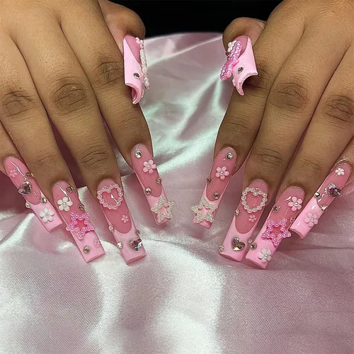 24 uñas postizas cuadradas de color rosa oscuro con perla, diseño de diamantes de imitación en forma de corazón, punta francesa, flores 3D brillantes