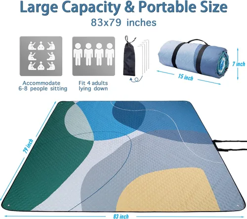 Vista 3 de PY SUPER MODE Mantas de Picnic Extra Grandes, Manta de Playa Impermeable Plegable para Exteriores de Gran Tamaño 83x79" A Prueba de Arena