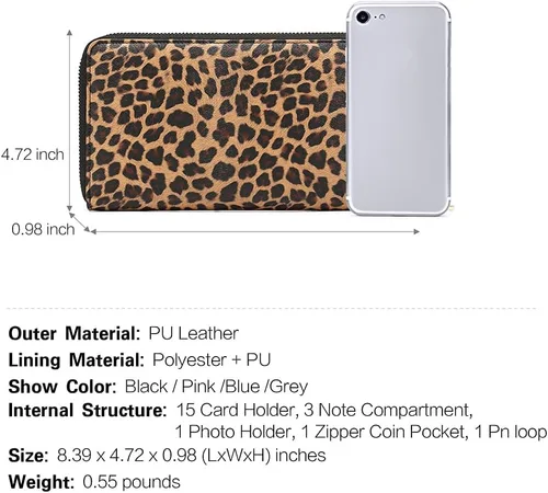 Vista 4 de CLUCI Cartera para mujer de gran capacidad de cuero con cremallera para teléfono para mujer billetera billetes 1-0 Leopardo Negro Vintage