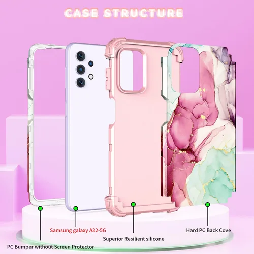 Vista 6 de BQQFG Funda para Galalxy A32 5G, diseño de mármol, tres capas, resistente, a prueba de golpes, híbrida, de plástico duro, goma de silicona suave