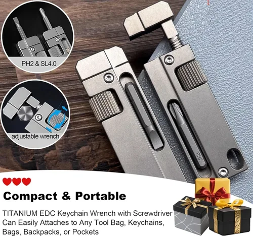 Vista 2 de Llave inglesa de llavero de titanio – Mini llave inglesa ajustable EDC con destornillador, herramienta de bolsillo para uso diario, viajes