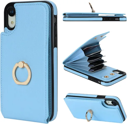 Vista 14 de Folosu Funda compatible con iPhone XR con soporte para tarjetas, rotación de 360°, soporte de anillo de dedo con función atril, bloqueo RFID, piel