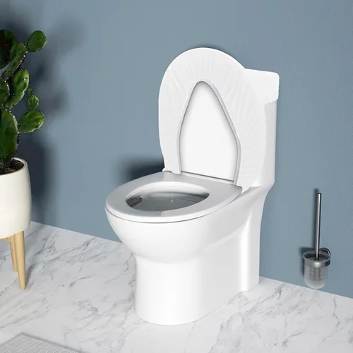 Vista 5 de Tapa de inodoro y tapas de tanque, juego de fundas para asiento de inodoro de baño, tela de elastano elástica, se adapta a la mayoría, color blanco