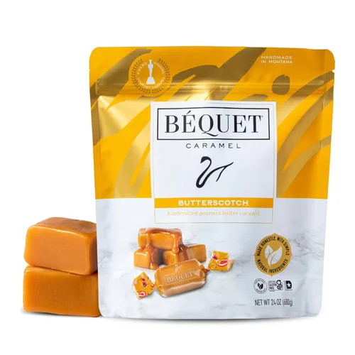 Béquet Caramelo – Caramelo gourmet Butterscotch – Caramelo envuelto individualmente – Hecho en Montana – Kosher (Estrella D) y sin gluten – Bolsa
