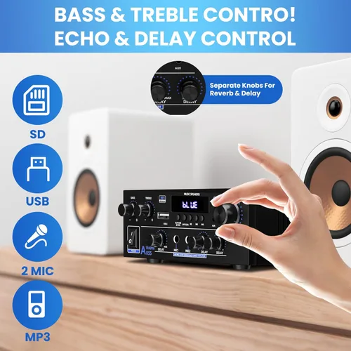 Vista 6 de Amplificador estéreo de audio para el hogar de 1000 W, amplificador Bluetooth 5.3 para dos altavoces de 50 W x2 de aproximadamente 8 pulgadas