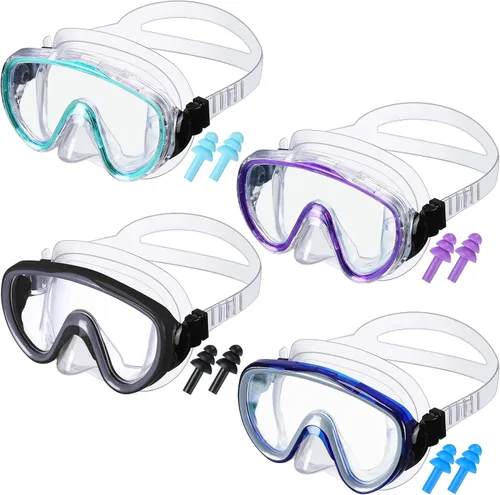 4 Pcs Adult Swim Goggles Swimming Goggles with 4 Pair Earplugs Anti Fog Snorkel Mask Clear View Tempered Glass Scuba Mask Waterproof Diving Mask