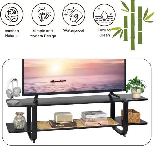 Vista 7 de Soporte de TV de bambú para televisores de hasta 65 pulgadas, centro de entretenimiento con almacenamiento, mesa consola multimedia con estante
