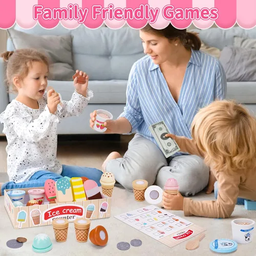 Vista 5 de Juguetes de helado de madera para niños pequeños de 3 a 5 años, juguetes de madera para niños Accesorios de cocina de juego, juegos de comida