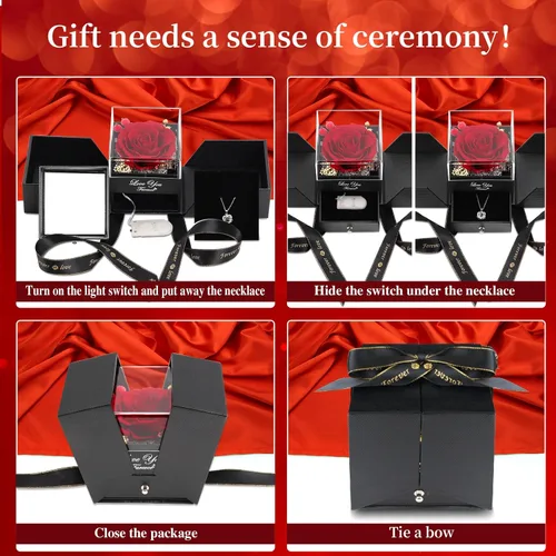 Vista 6 de Collar con diseño de rosa real preservada con corazón con texto en inglés "I Love You", flores eternas, regalos de cumpleaños para su madre, esposa