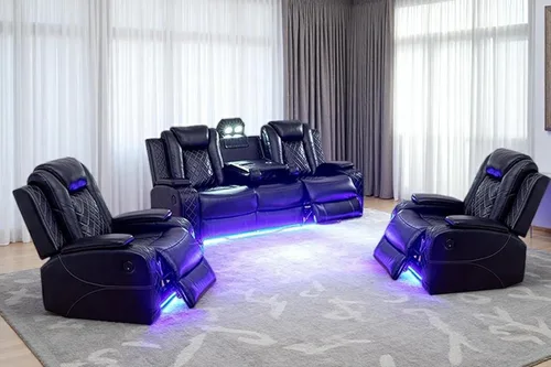 Vista 17 de Juego de Sofá Reclinable Eléctrico, Sofá Seccional de Cuero Negro de 3 Piezas, Juegos de Muebles de Sala de Estar con Luz LED, Juegos Reclinables