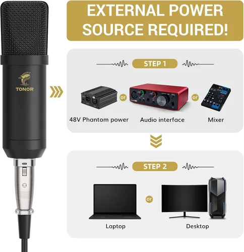 Vista 2 de TONOR Micrófono condensador XLR, kit de micrófono de estudio cardioide profesional con brazo T20, soporte de choque, filtro pop para grabación