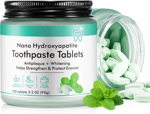 Tabletas de pasta de dientes para reparación de esmalte y blanqueamiento | 150 tabletas sin flúor de nano hidroxiapatita con menta natural,