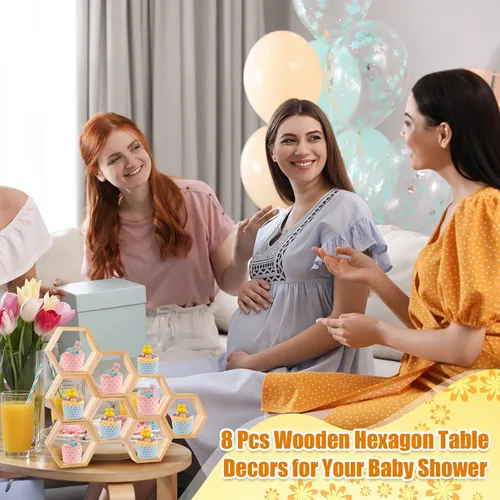 Vista 6 de Kigley 8 piezas de mini panales de panal, soporte hexagonal de madera para pasteles, letrero flotante hexagonal para mesa de baby shower, fiesta