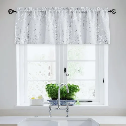 Vista 13 de FMFUNCTEX Cortina de cenefa 100% opaca en blanco y negro para cocina, baño, 18 pulgadas de largo, estampado de ramas de árbol, sala de estar