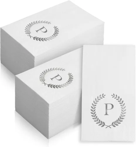 Vista 17 de Paquete de 200 servilletas desechables con monograma de papel de aluminio plateado con letra H, servilletas para invitados con inicial, toallas