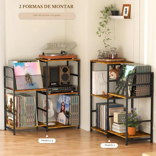 Vista 2 de ThreeHio Soporte para tocadiscos, soporte para tocadiscos con almacenamiento de vinilo con capacidad para hasta 300 álbumes, armario