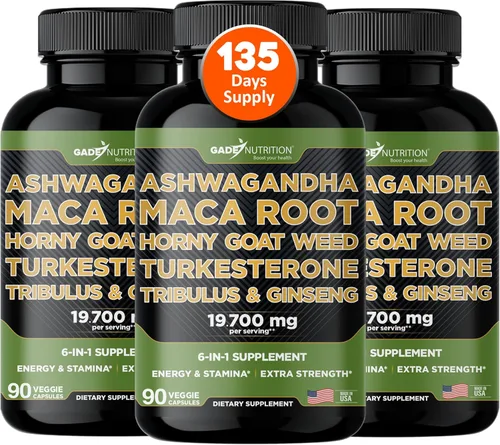 Vista 10 de Gade Nutrition Ashwagandha con raíz de maca, Epimedium, suplemento de turkesterona, Tribulus Terrestris, Panax Ginseng 90 cápsulas vegetales