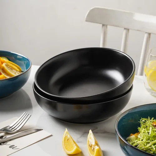 Vista 3 de Selamica Juego de 4 cuencos de cerámica para pasta, apilables, aptos para microondas y lavavajillas, color negro mate