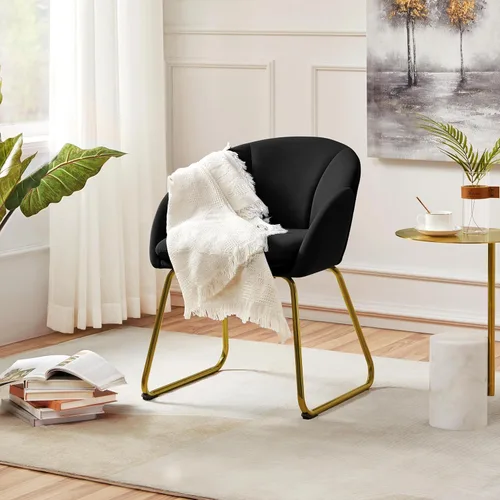 Vista 4 de Yaheetech Sillón moderno de terciopelo, silla de maquillaje en forma de flor con patas de metal dorado para sala de estar, sala de maquillaje